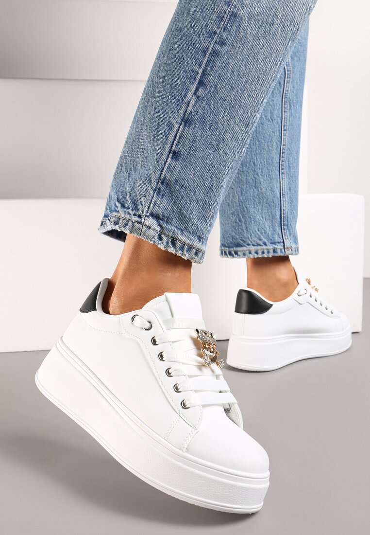 Sneakers Alb-Negru din Imitație de Piele cu Platformă cu Decorație din Strasuri Imbercca