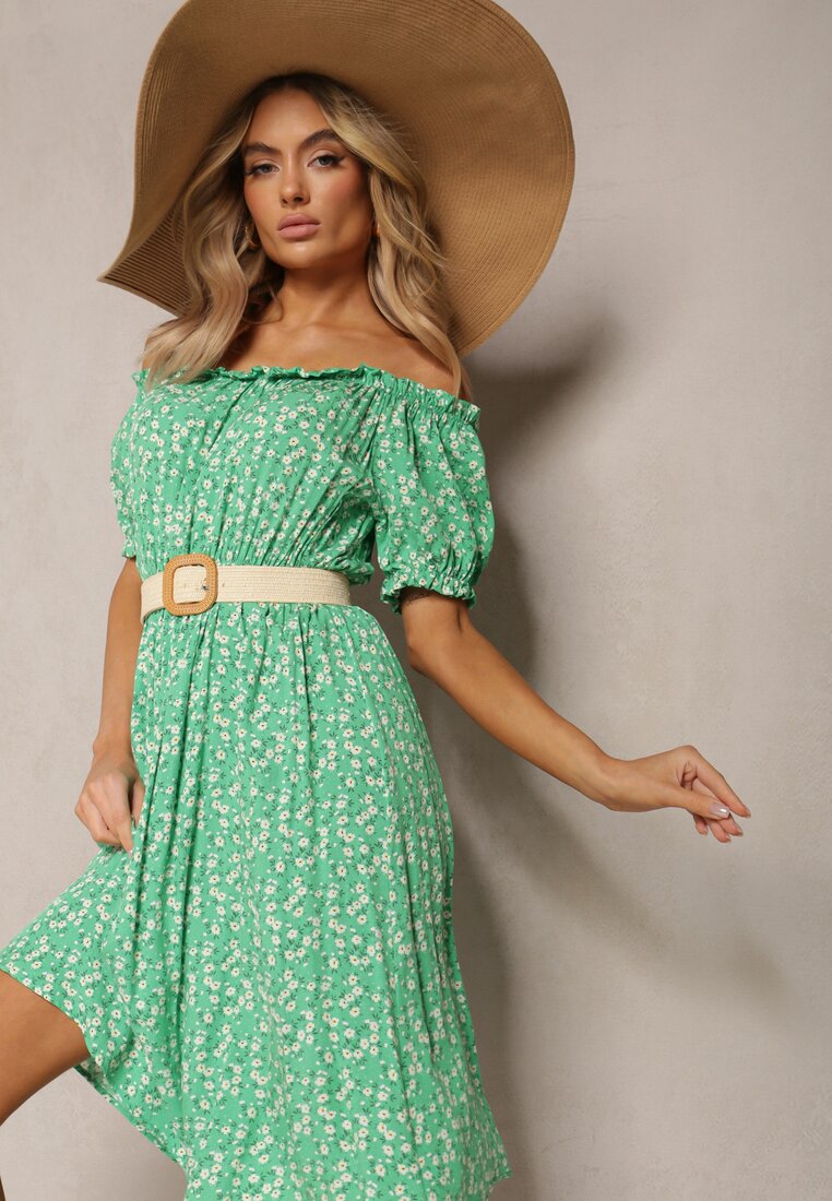 Rochie Verde Viscoză Midi cu Imprimeu Floral cu Decolteu Spaniol Agirala