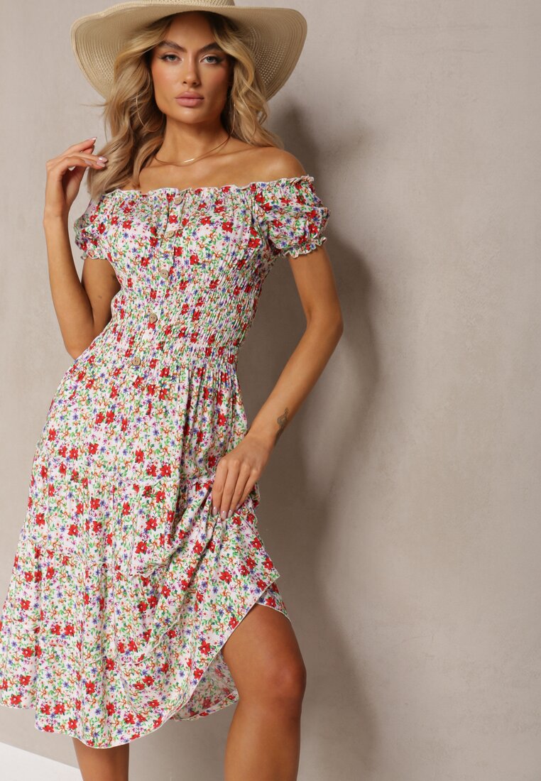 Rochie Alb-Verde Din bumbac Midi cu Imprimeu Floral Stil Spaniolă Anirpe