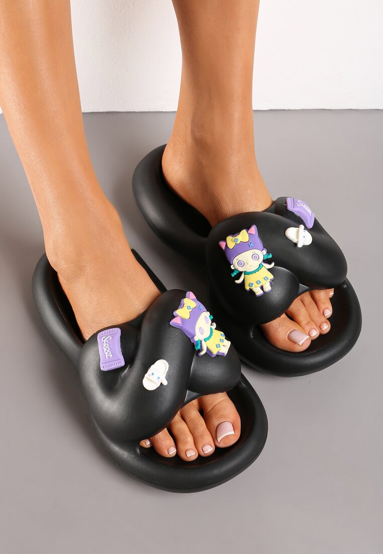 Papuci Negri din Spumă cu Talpă Groasă cu Aplicații Jocasta