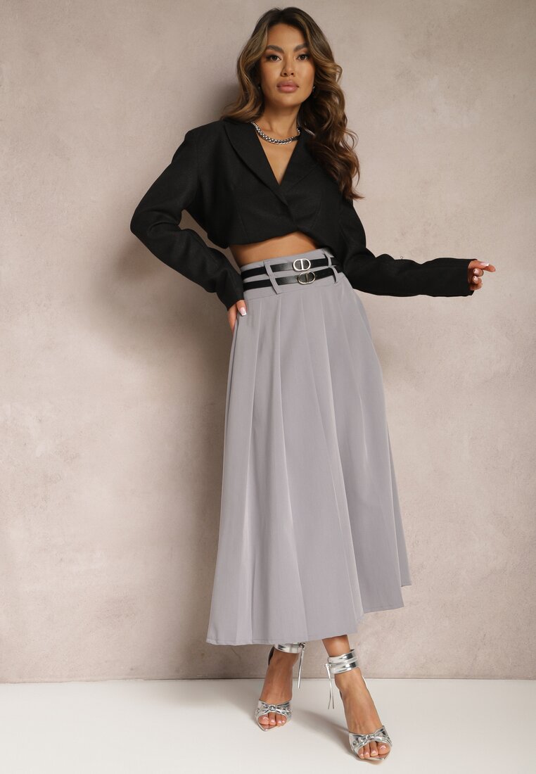 Fustă Gri Cloș Plisată cu Două Curele cu Catarame Jaleara