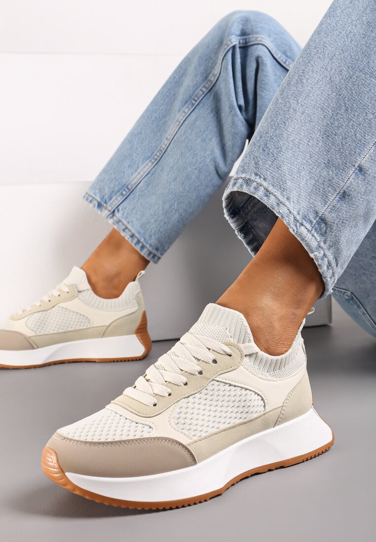 Adidași Bej cu carâmb tip șosetă și șireturi decorative pe talpă groasă Pirtia