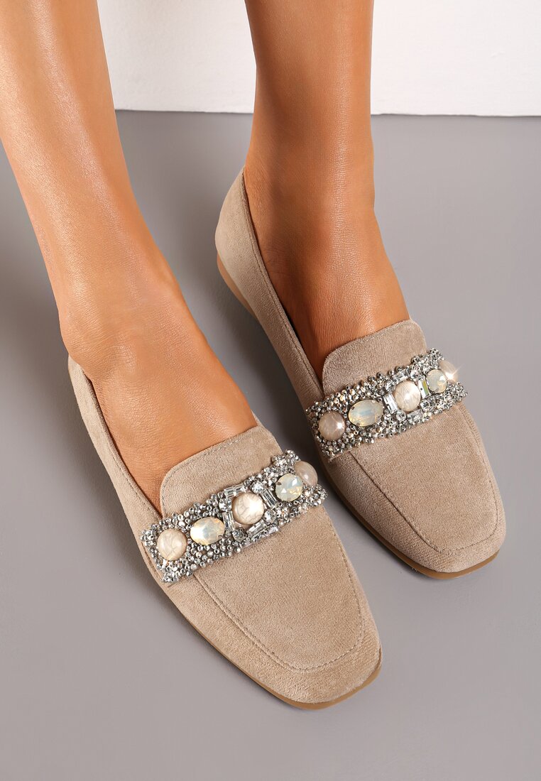Mocasini bej închis cu Zirconii și Perle pe Cataramă Sybilla