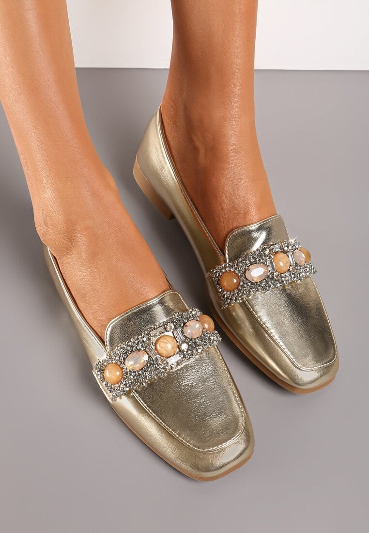 Mocasini Aurii cu Zirconii și Perle pe Cataramă Sybilla
