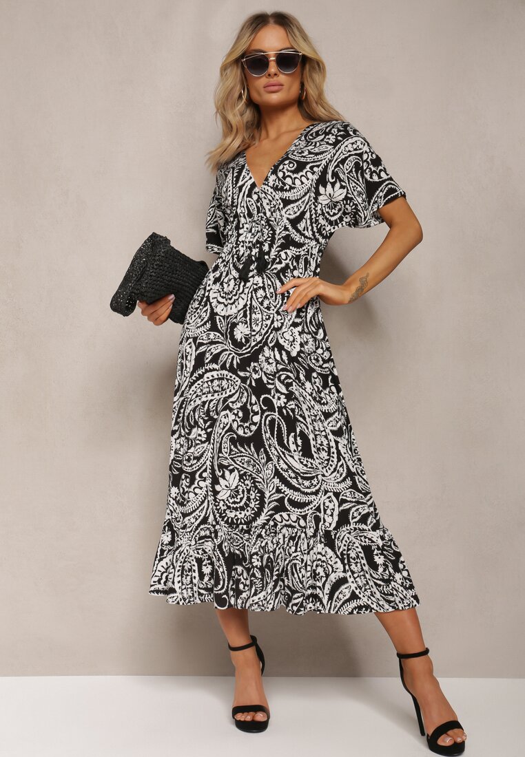 Rochie Neagră de vară cu elastic în talie și ciucuri decorativi Aleriana