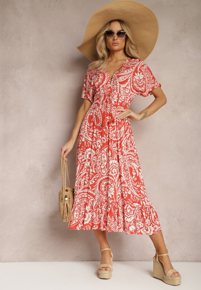 Rochie Roșu-Bej de vară cu elastic în talie și cu ciucuri decorativi Aleriana