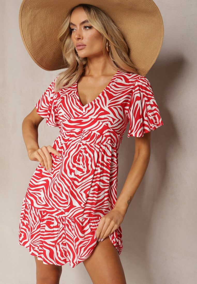 Rochie Mini Evazată Roșie din Viscoză Decorată cu Print Hipnotizant Aluraisa