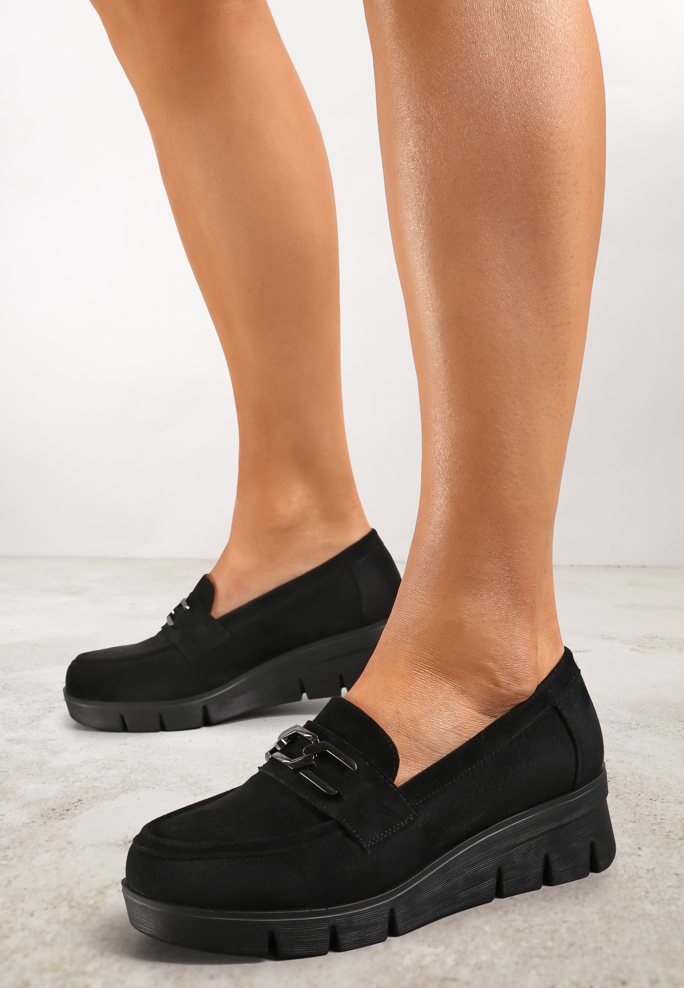 Pantofi Negri cu branț din piele pe platformă joasă cu decorațiune metalică Garnissa