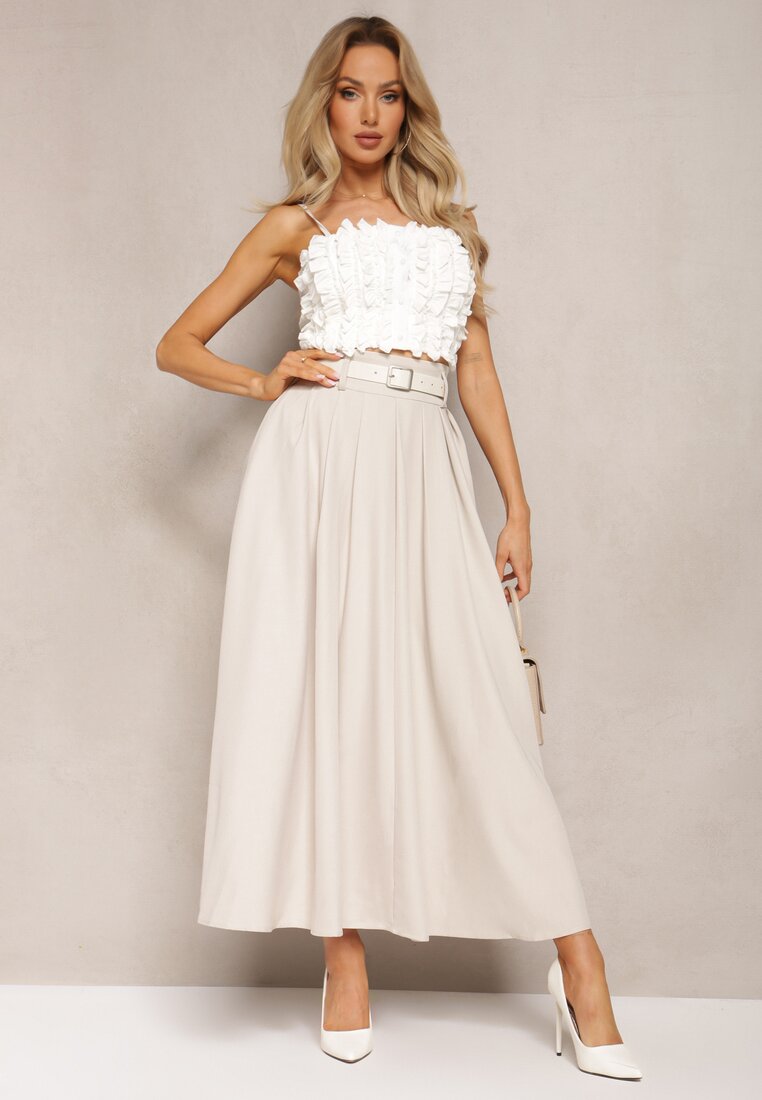 Fustă cloș bej deschis cu Pliuri Late și Cordon din Piele Ecologică Awhisa