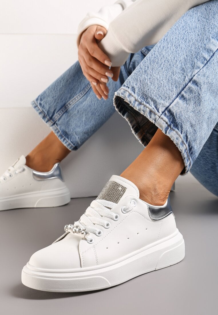 Sneakers Alb-Argintii cu Zirconii pe Limbă și Aplicație Bijuterie Detașabilă pe Șireturi Coletti