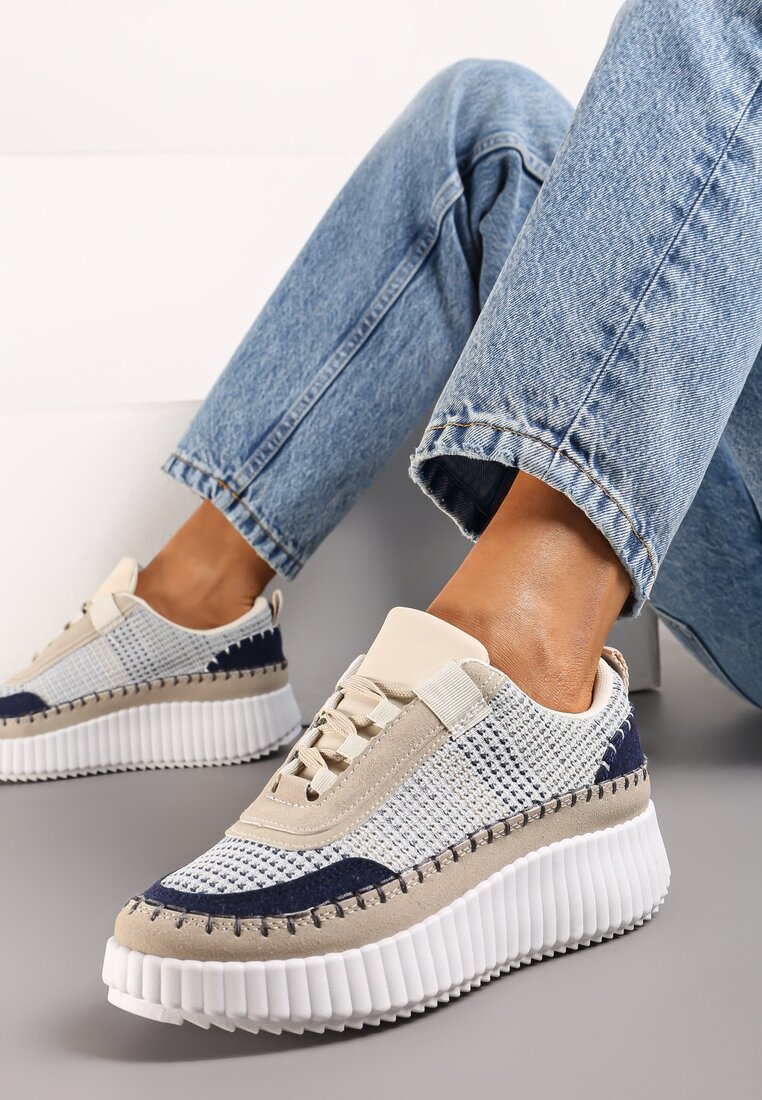 Sneakerși Bej și Albaștri cu Platformă Decorați cu Inserții din Tweed și Zirconii Eganna