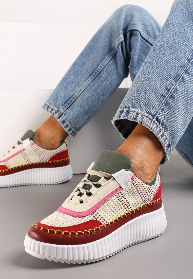 Sneakerși Bordo pe platformă decorați cu inserții din tweed și cu zirconii Eganna