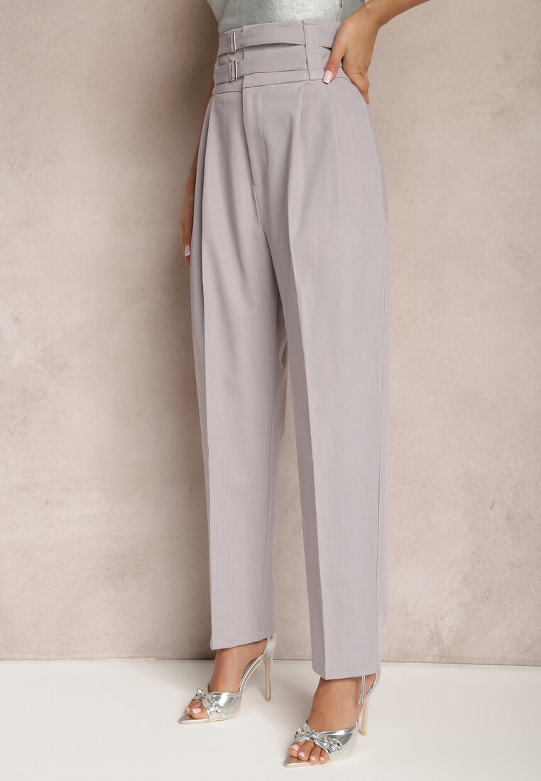 Pantaloni Gri de costum cu talie înaltă și două dungi Ameda