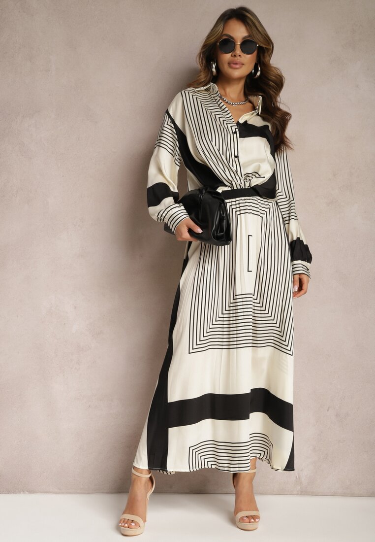 Fustă Bej-Neagră Plisată cu Elastic în Talie Decorată cu Model Geometric Jenessia