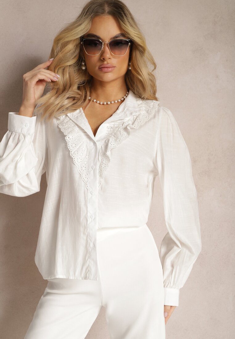 Cămașă albă cu nasturi și guler tunica Decorată cu dantelă Olempia