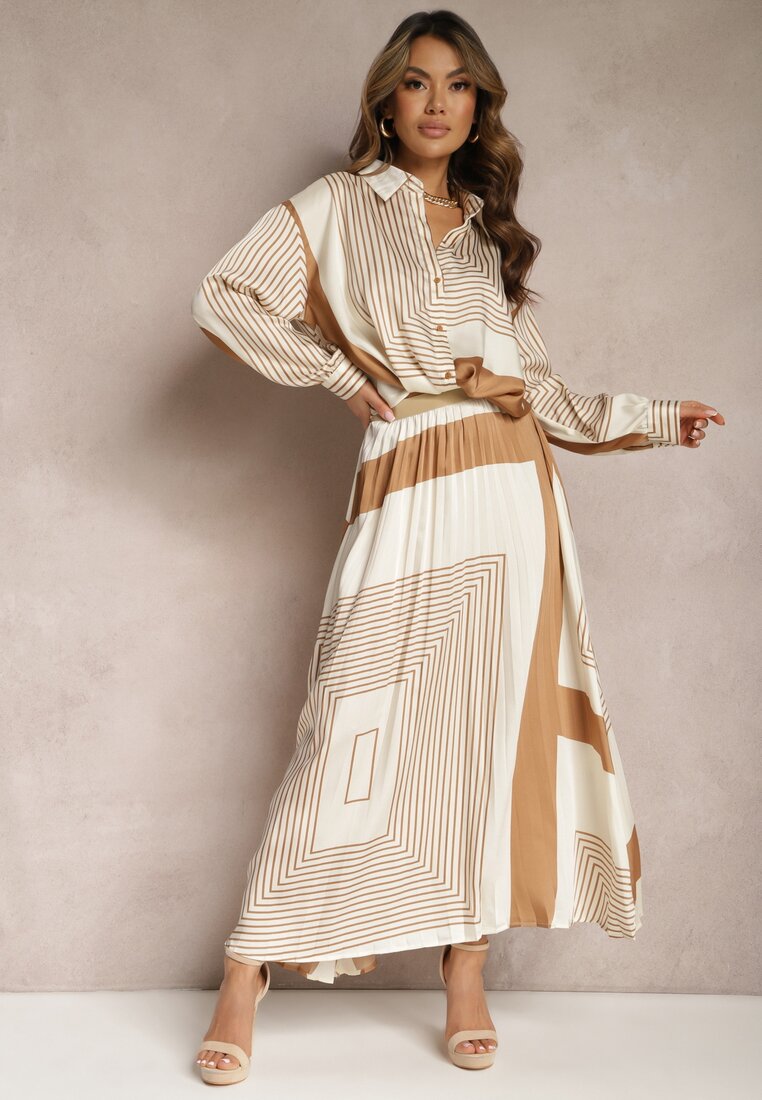 Fustă Plisată Bej cu Elastic în Talie Decorată cu Model Geometric Jenessia