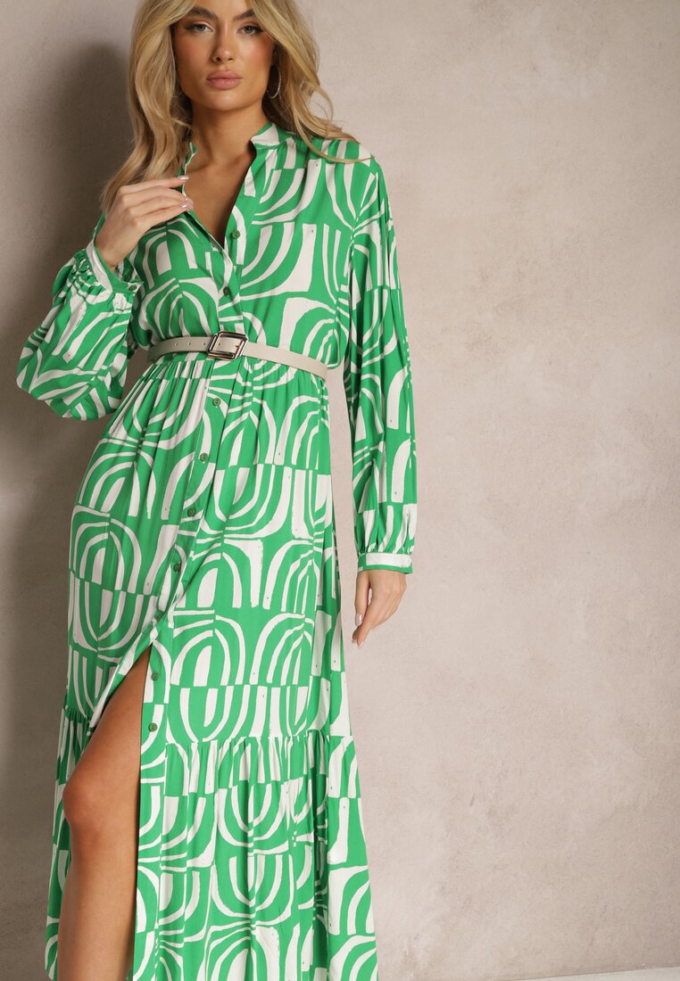 Rochie Verde Lungă Cloș cu Imprimeu Geometric cu Croială Tip Cămașă Verdana