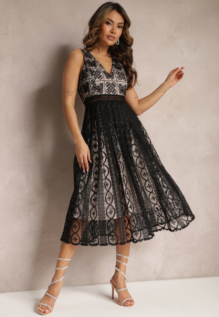 Rochie Neagră Plisată cu bretele cu Model Decorativ și Fermoar Mirilla