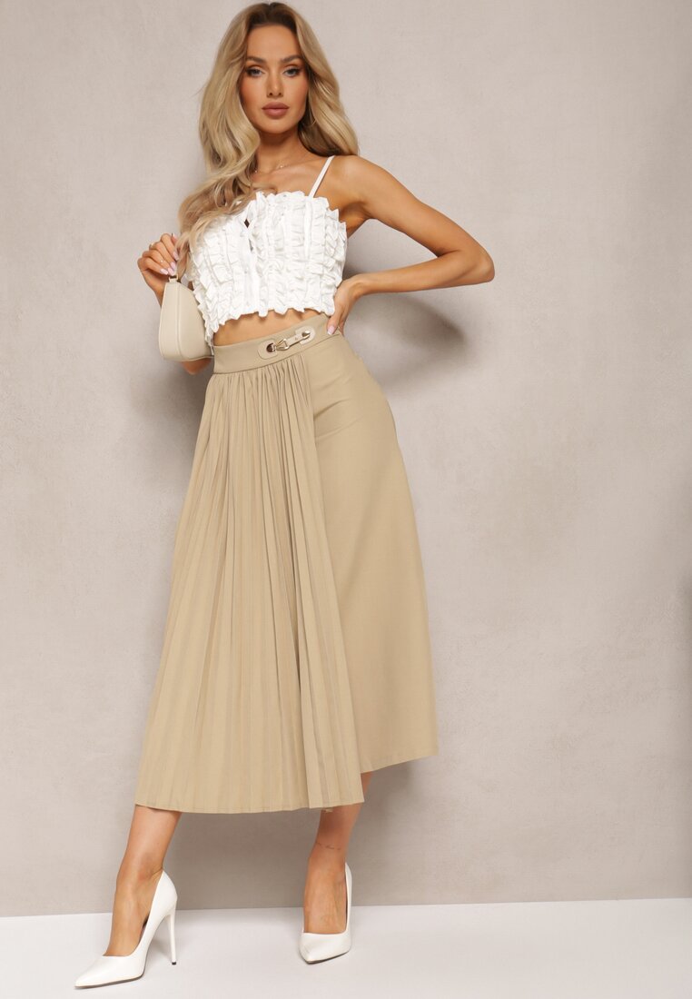Fustă Plisată Bej Midi cu cataramă decorativă cu croi evazat Galeasa