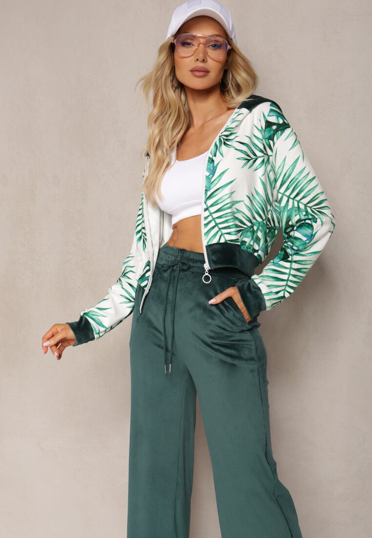 Compleu de trening verde închis, din velur, bluză cu glugă și imprimeu floral și pantaloni largi lejeri Raiantise