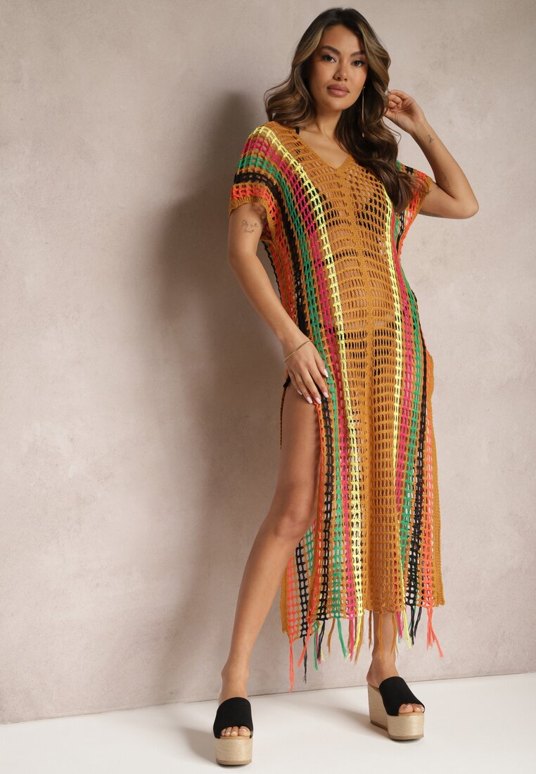Rochie tip pareo bej închisă de plajă croșetată cu franjuri decorative și benzi Qivella