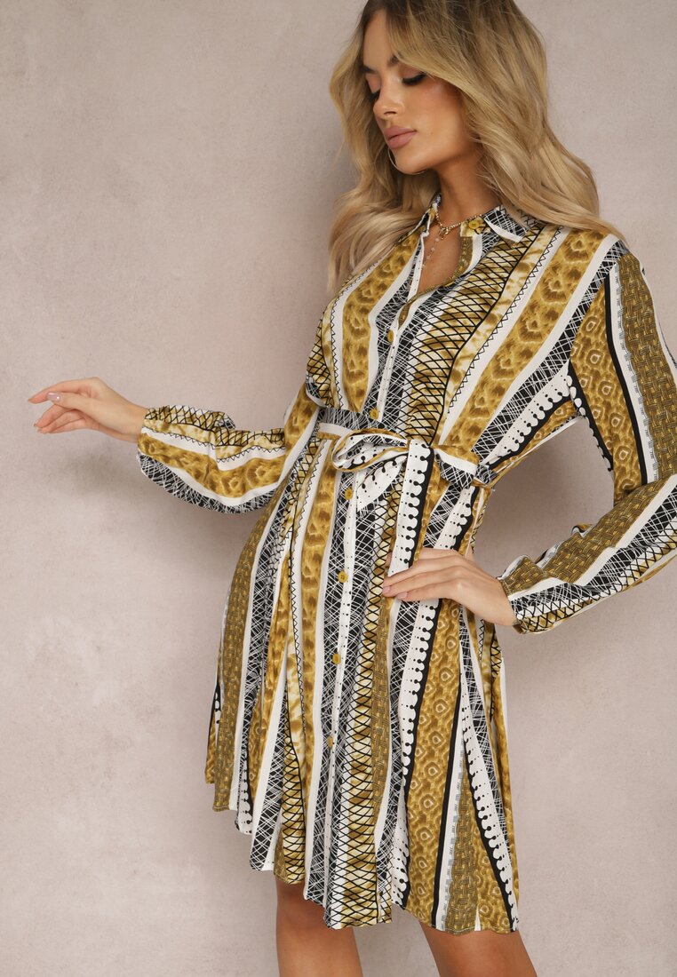 Rochie Galbenă tip Cămașă din Viscoză Cloș cu Curea din Material Sigina