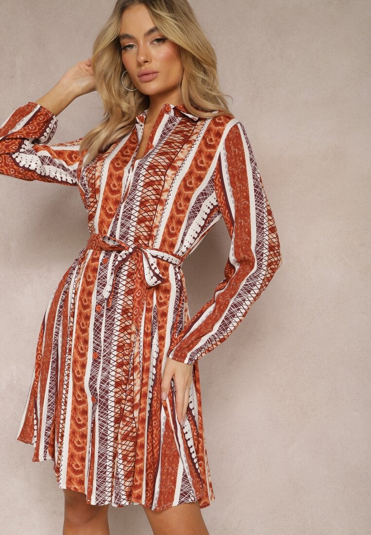 Rochie Maro Tip Cămașă din Viscoză Cloș cu Centură din Material Sigina