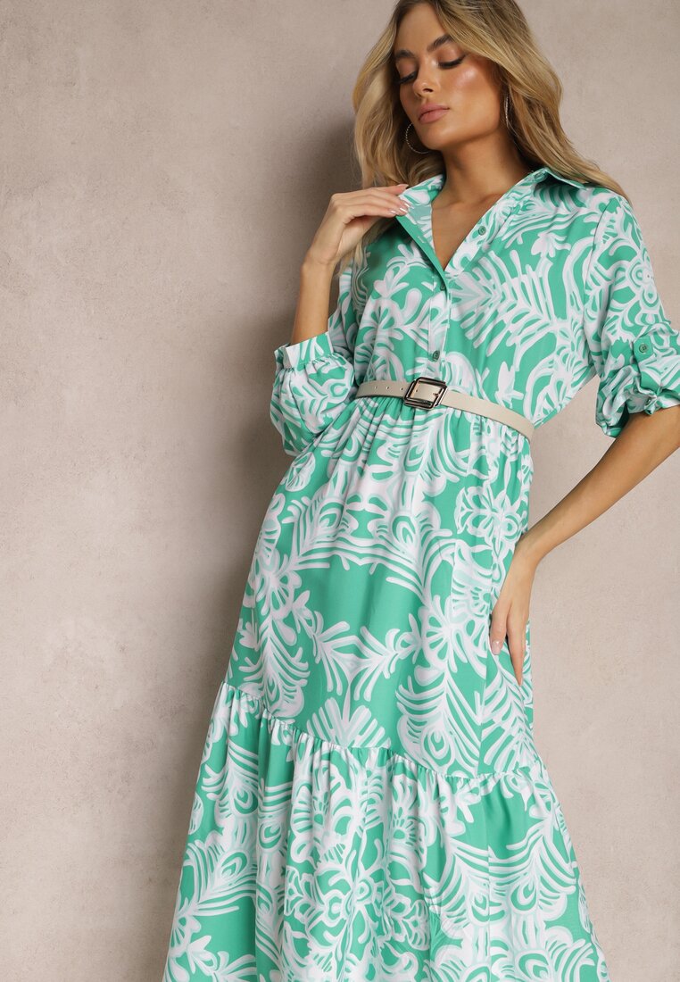 Rochie Verde Lungă Cloș cu model ornamental cu volănaș Ariantise