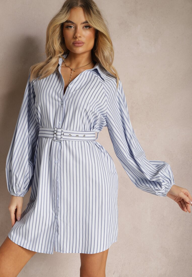 Rochie Cămașă Albastru-Alb Cambrată cu Dungi Decorative Lasenella