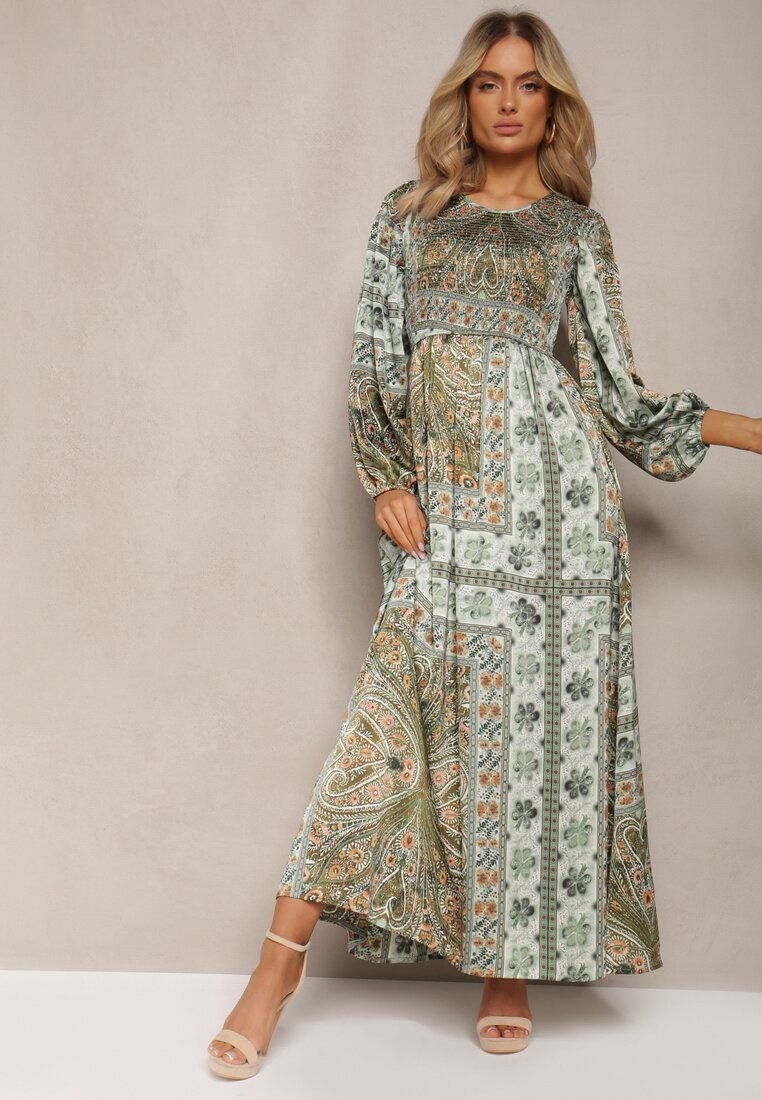 Rochie Verde Maxi Boho cu Mânecă Bufantă și Tiv Cloș Veltiana