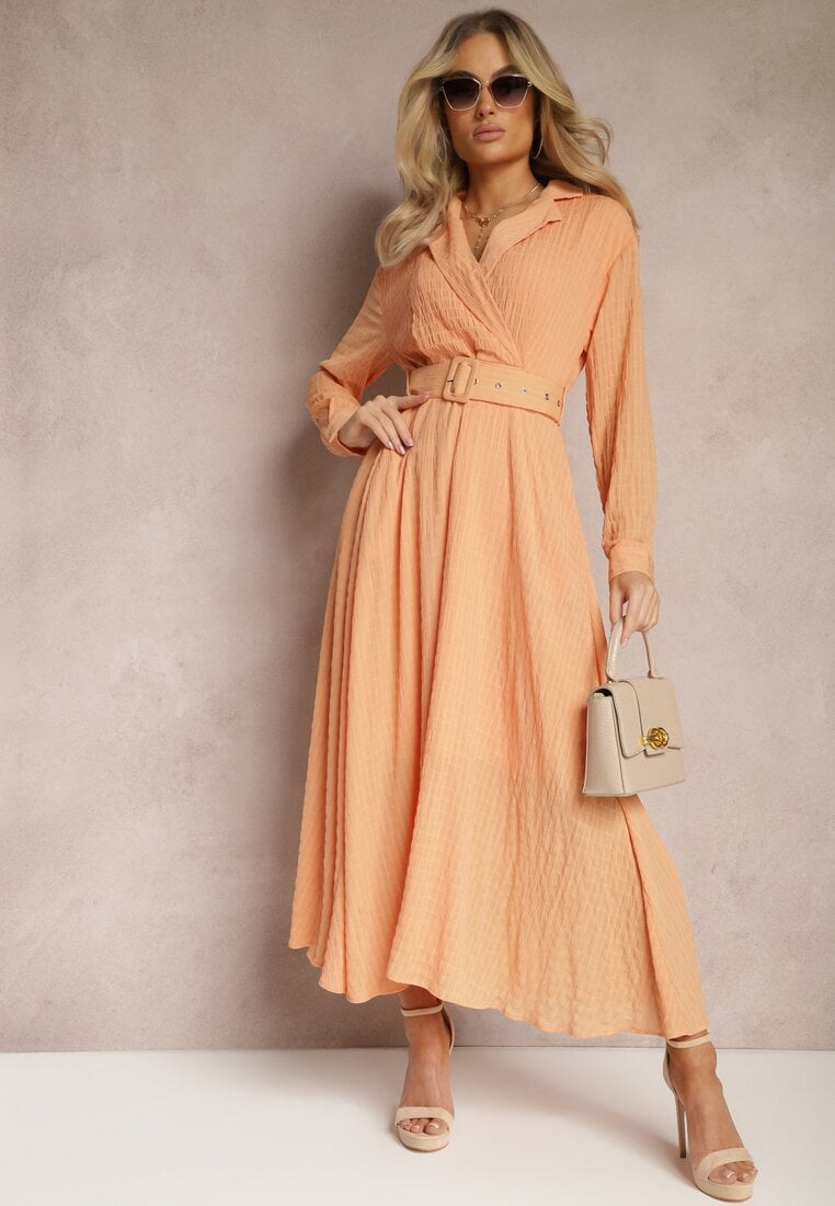 Rochie Portocalie Evazată cu curea și decolteu petrecut Tifena