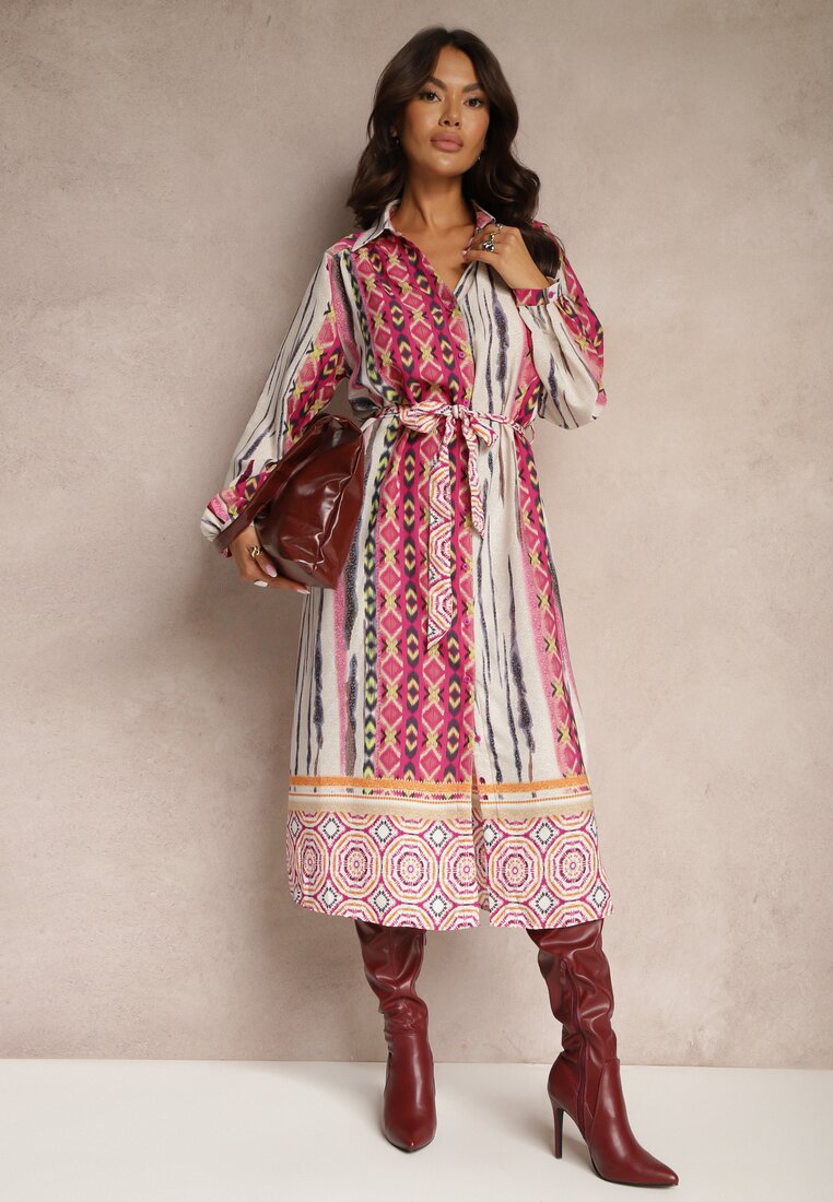 Rochie Cămașă Fucsia-Bej Legată în Talie Decorată cu Model Abstract Nilima