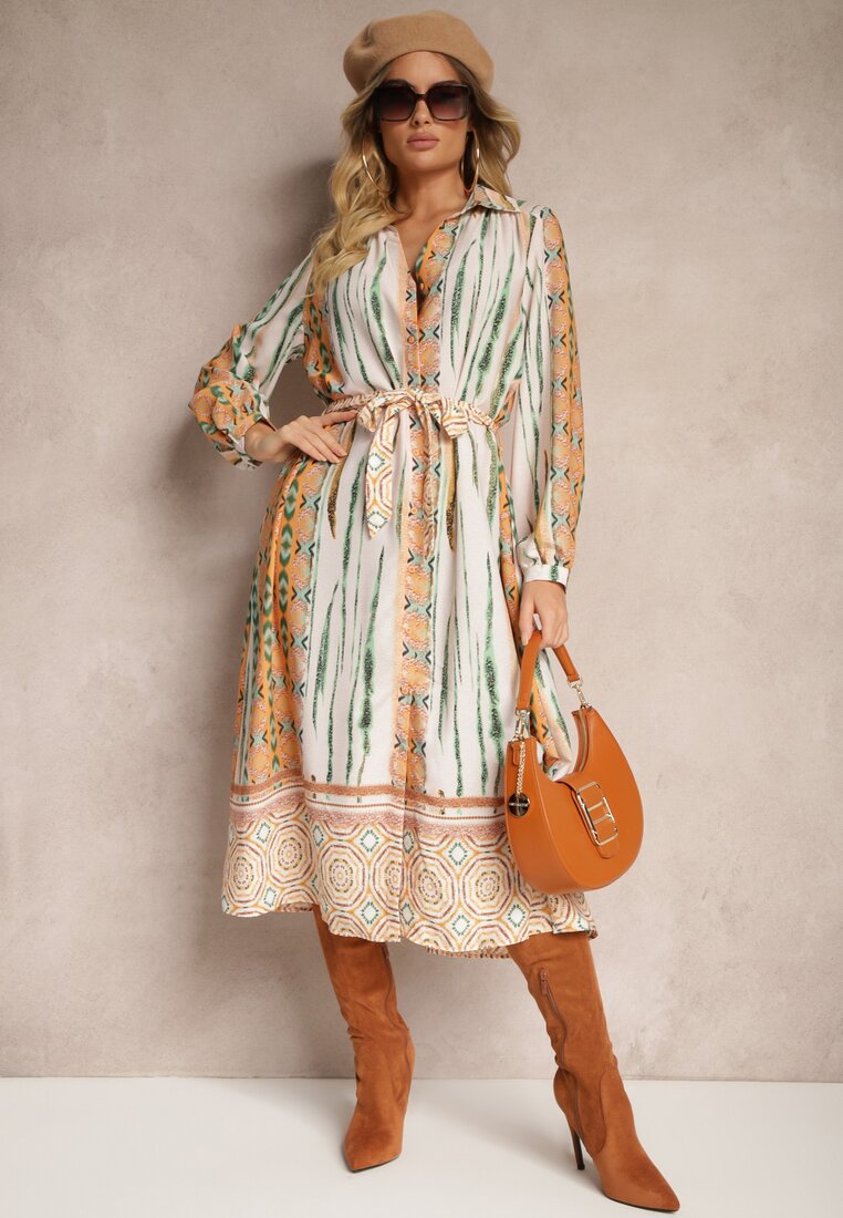 Rochie cămașă bej Cu cordon în talie Decorată cu model abstract Nilima