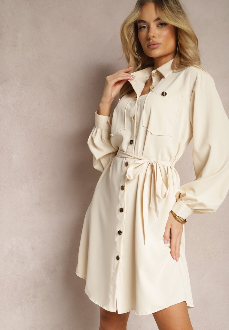 Rochie Bej cu croială tip cămașă Utility cu mâneci bufante legată în talie Emianna