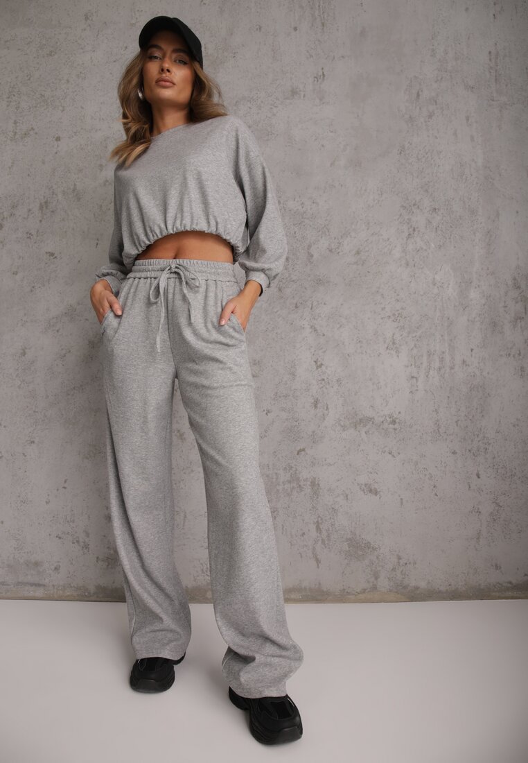 Set Gri Din bumbac Bluză scurtă cu elastic la bază și Pantaloni largi cu șnur în talie Rionnea