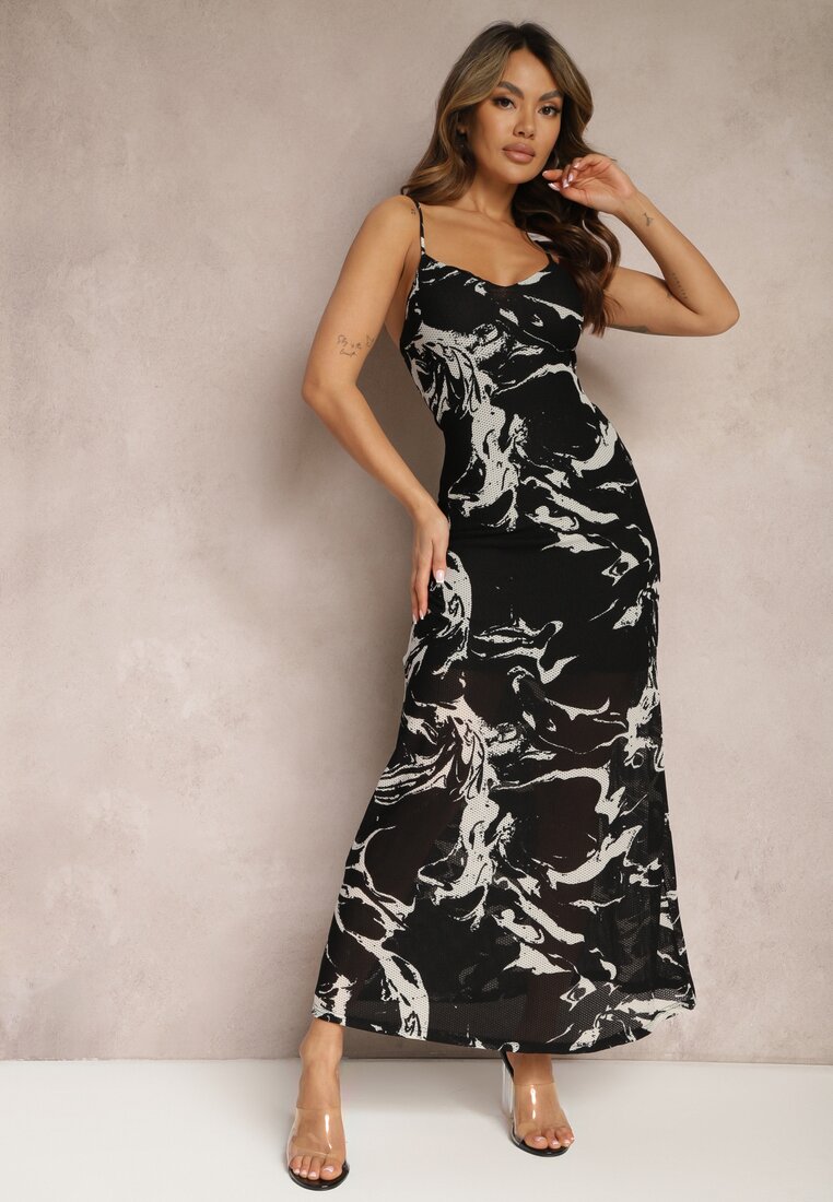 Rochie Lungă Neagră cu model de marmură cu bretele subțiri Grannia