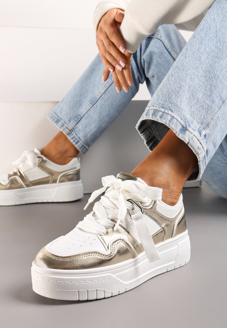 Adidași Alb-Aurii pe platformă joasă cu pandantiv și șireturi decorative Salam