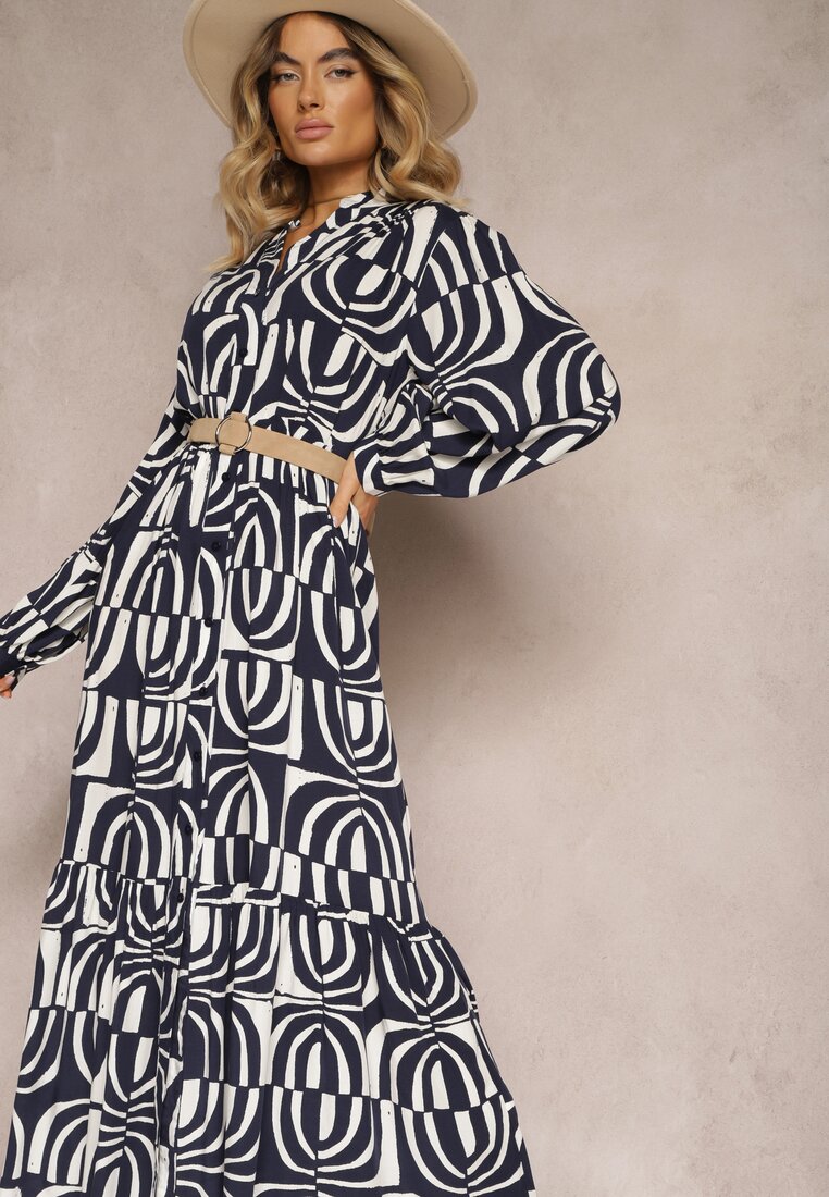 Rochie Bleumarin-Albă Lungă Cloș cu Imprimeu Geometrie cu Croi Tip Cămașă Verdana