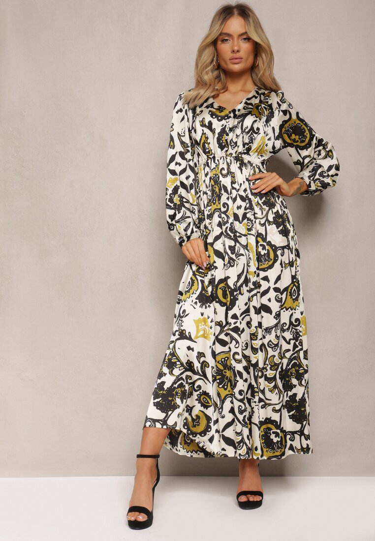 Rochie Lungă Bej-Verde din Satin cu Elastic în Talie și Imprimeu Ornamental Anoitia