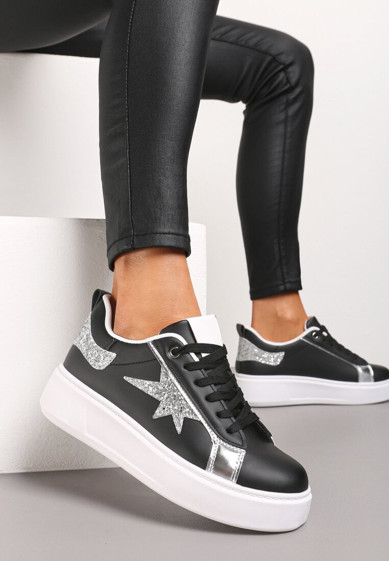 Sneakers Negre cu șireturi pe platformă joasă cu inserții sclipitoare Cominia