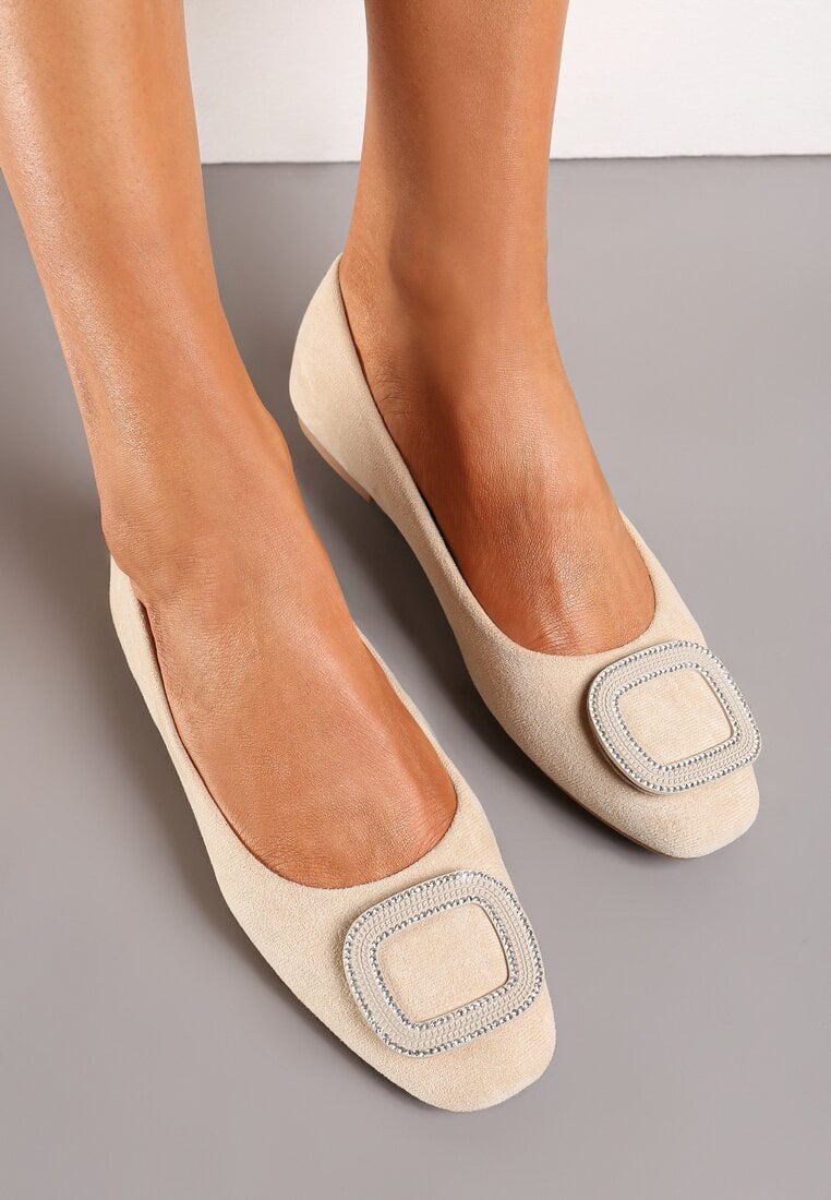 Balerini Bej cu Inserție Metalică pe Față Decorată cu Strass-uri Alicutte