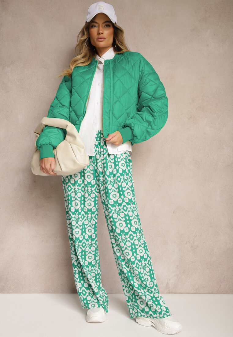 Pantaloni verzi imprimați cu picioare largi și talie elastică din viscoză Zixia
