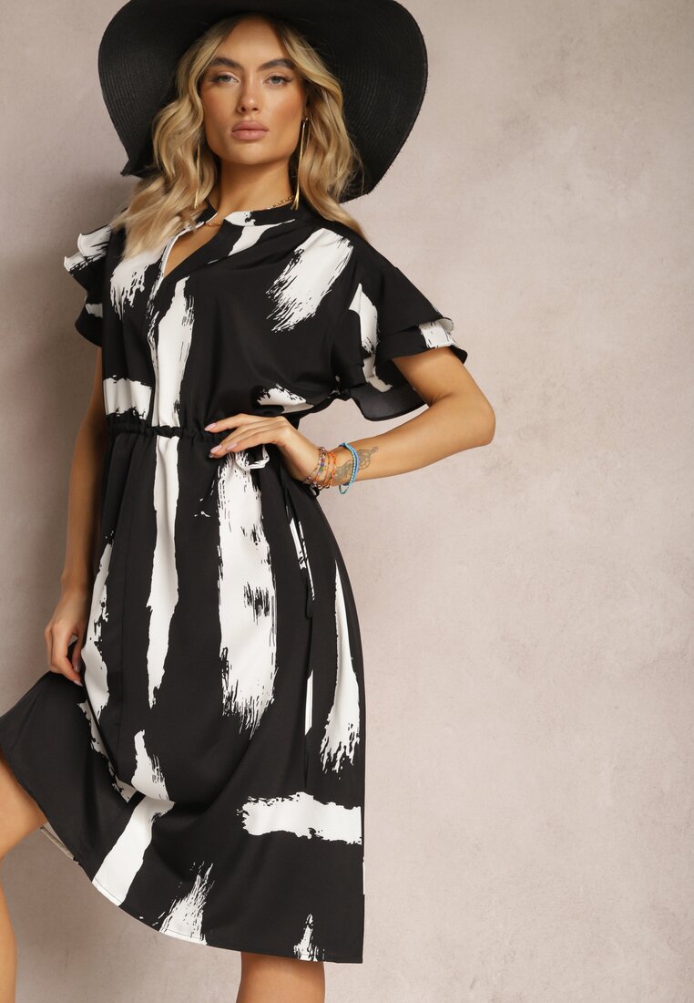 Rochie Negru-Alb Dreaptă cu Model Decorativ și Șnur în Talie Sidna