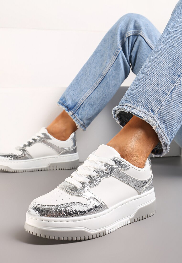 Adidași Argintiu-Alb pe Platformă Joasă cu Cusături Decorative Huviena