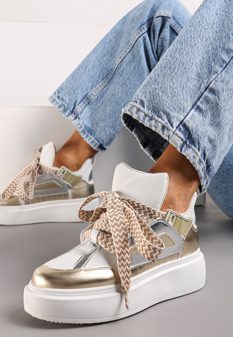 Adidași Alb-Auriu pe platformă joasă cu șireturi late cu model Vidira