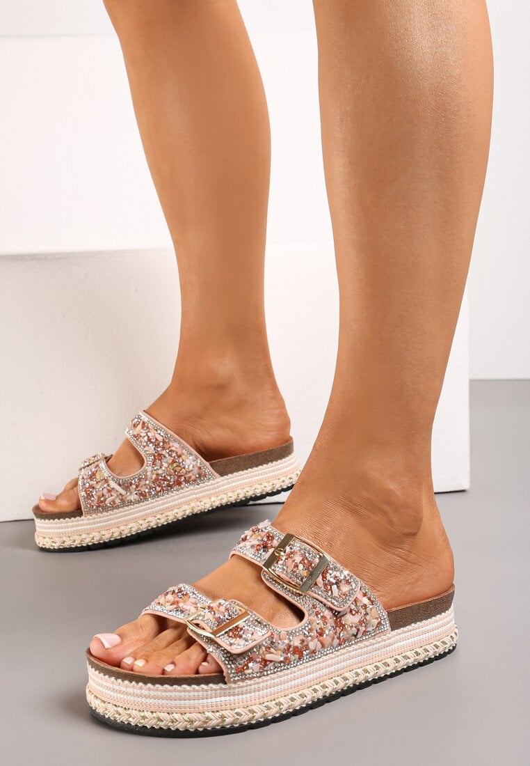 Papuci Șampanie pe Platformă Joasă cu Pietricele și Strasuri și Catarame Effonata