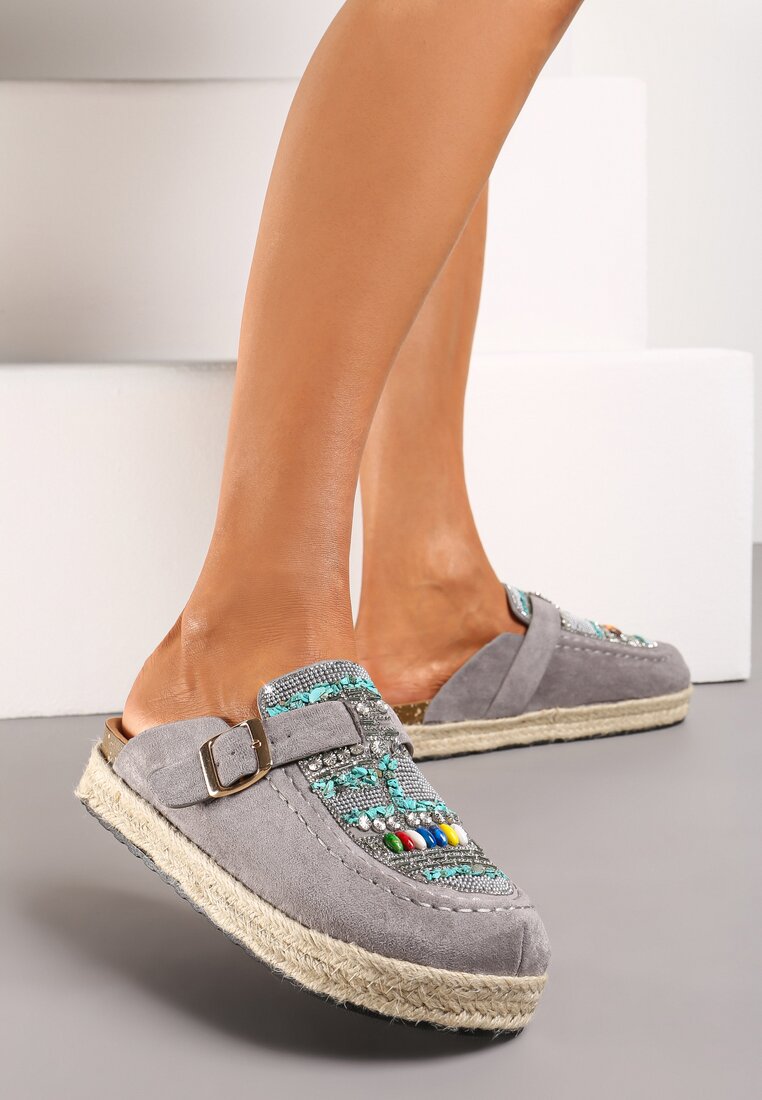 Papuci Gri Împletite cu Iută cu Zirconii cu Mărgele și Curea Opaque