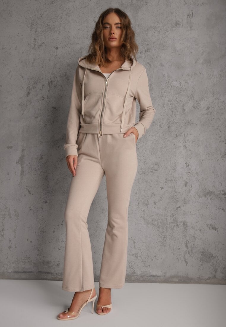 Set de Trening Bej din Bumbac Pantaloni Clopot și Hanorac cu Fermoar și Glugă Auim