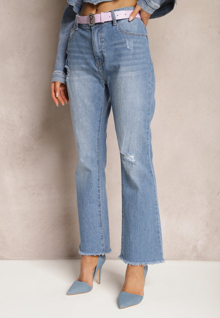 Blugi Clopot Albaștri cu rupturi și curea cu cataramă cu strasuri Letha