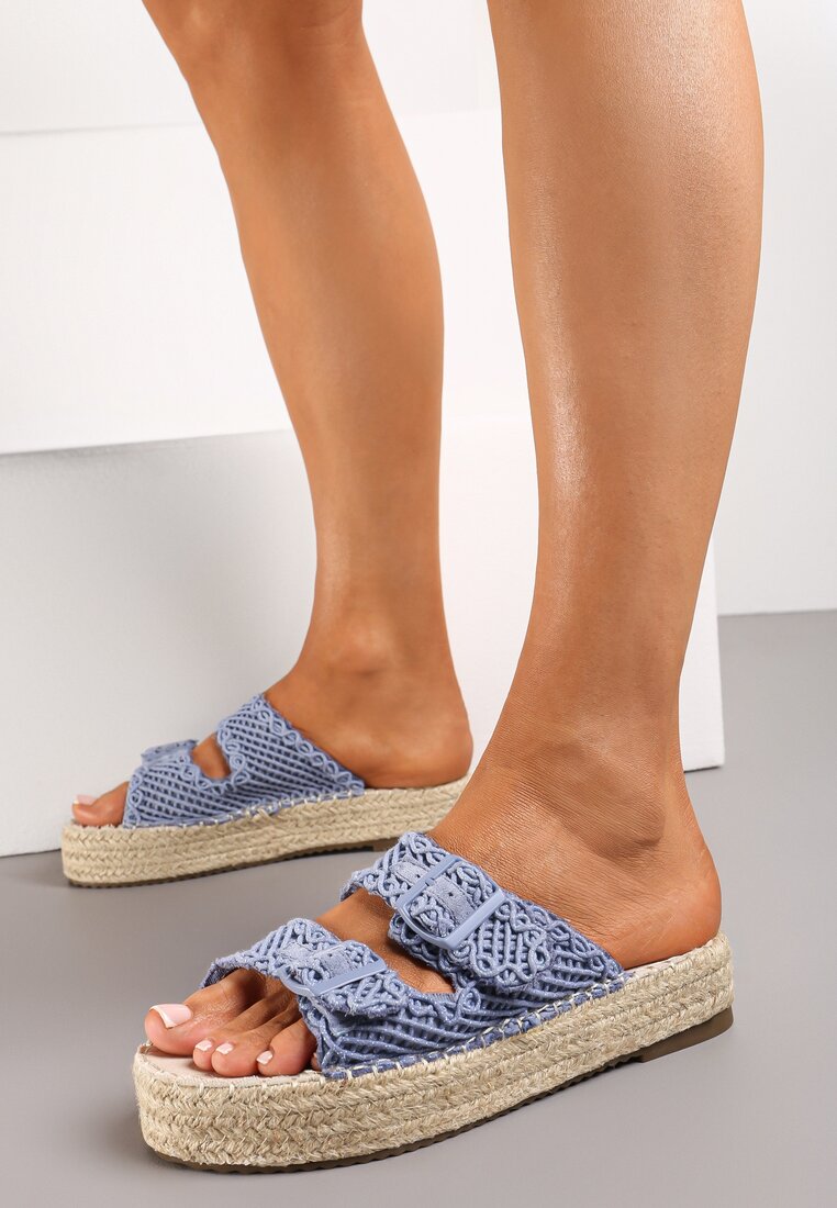 Papuci Albaștri cu Împletitură Decorativă de Iută cu Platformă Joasă și Catarame Rialmar